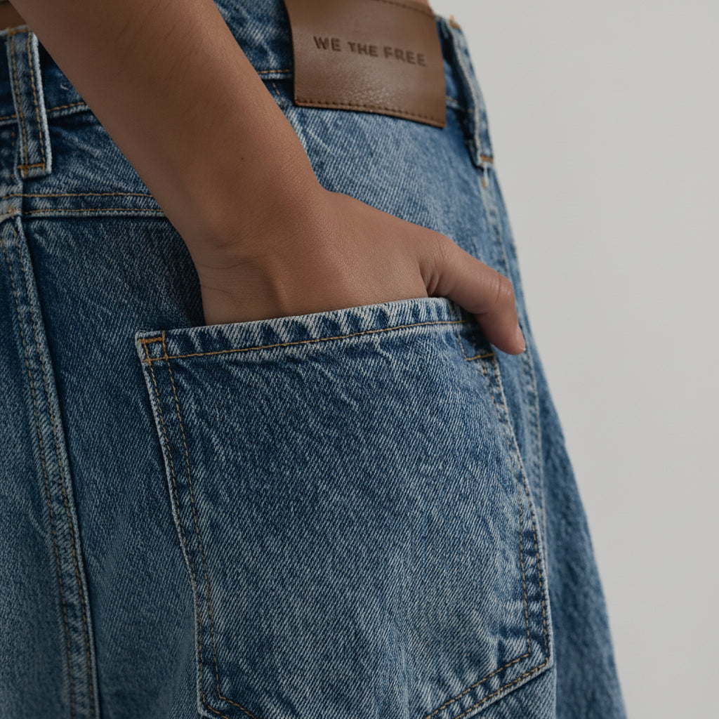 Close-up of blue jeans with a free people brand label
