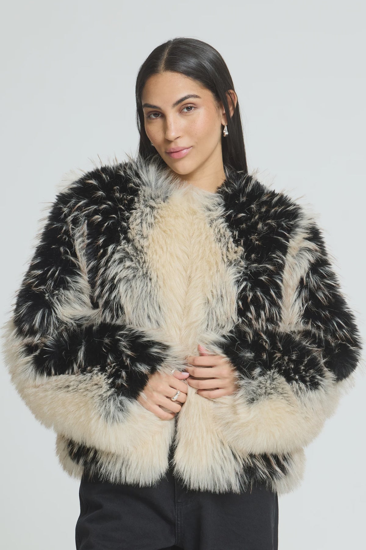 ICHI IHFLAXA Fur Jacket featuring a plush faux-fur texture, cream and black pattern, and relaxed silhouette.