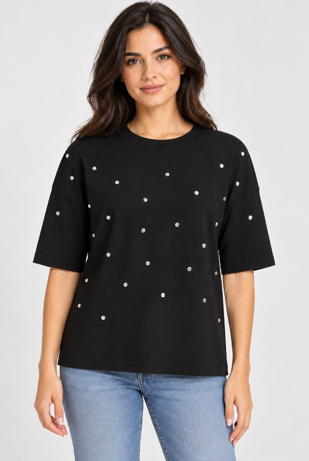 ICHI IHPETRO Shirt in Black/Silver Studs featuring a relaxed fit, classic crew neckline, dropped shoulders, and scattered silver stud embellishments across the front. Crafted from soft cotton with a solid black back for a casual yet edgy look.