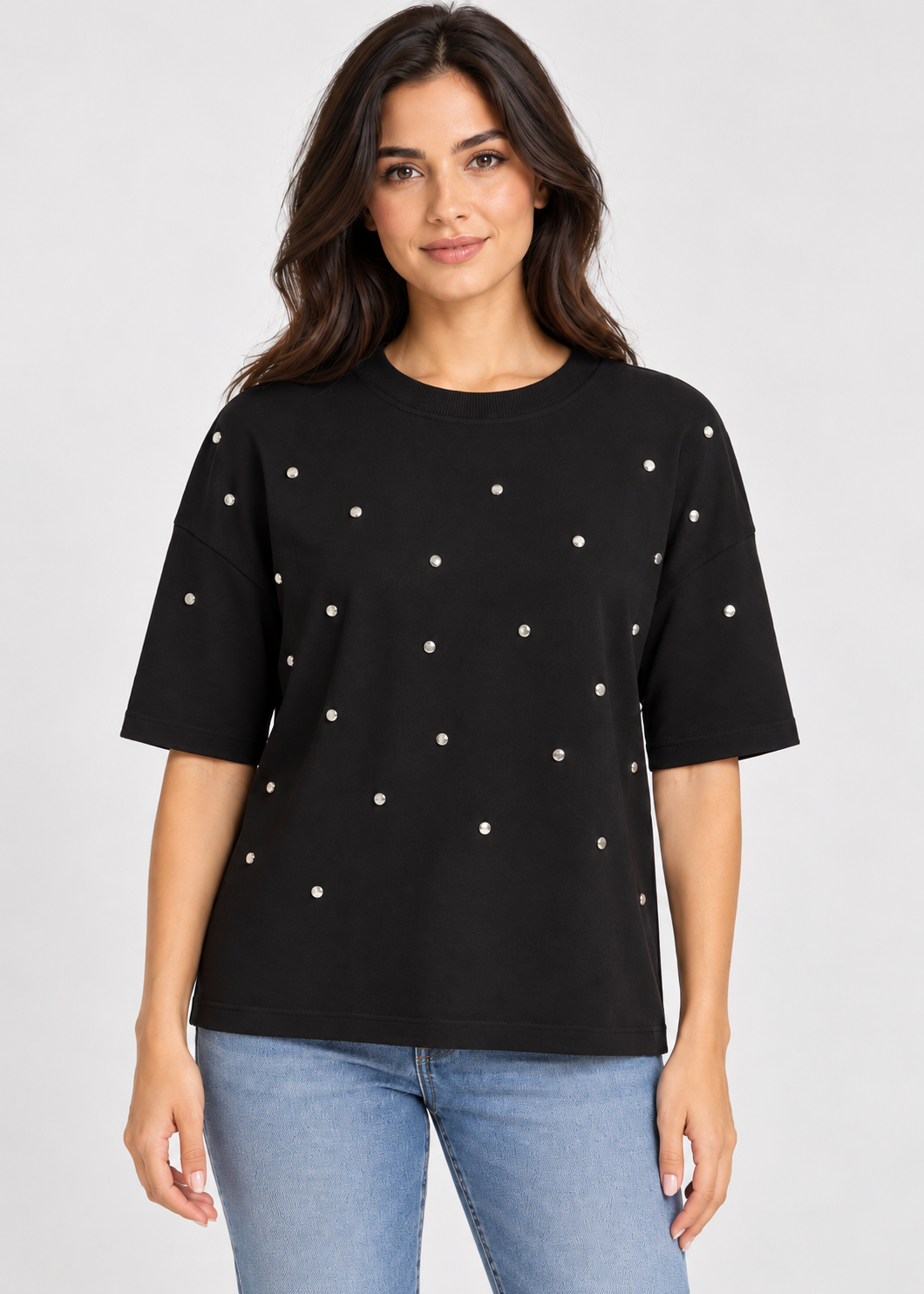 ICHI IHPETRO Shirt in Black/Silver Studs featuring a relaxed fit, classic crew neckline, dropped shoulders, and scattered silver stud embellishments across the front. Crafted from soft cotton with a solid black back for a casual yet edgy look.