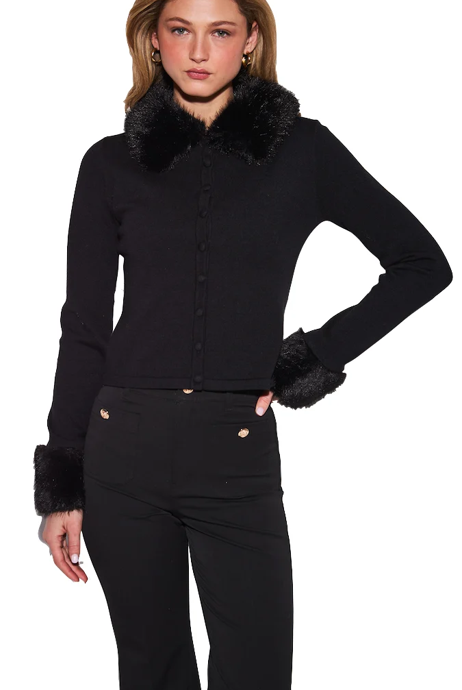 Clementine Cardigan featuring a fitted silhouette, textured knit, button-front closure, and removable faux fur trim at the collar and long sleeve cuffs.