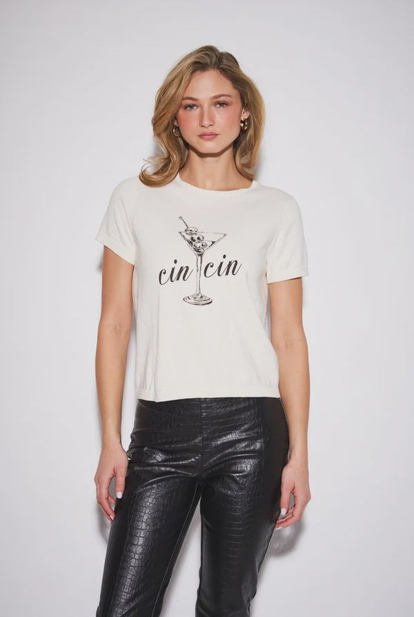 John & Jenn Sawyer Tee in Martini Cheers featuring a relaxed fit, soft cotton fabric, and playful cocktail-inspired Martini Cheers graphic for a casual, effortless look.