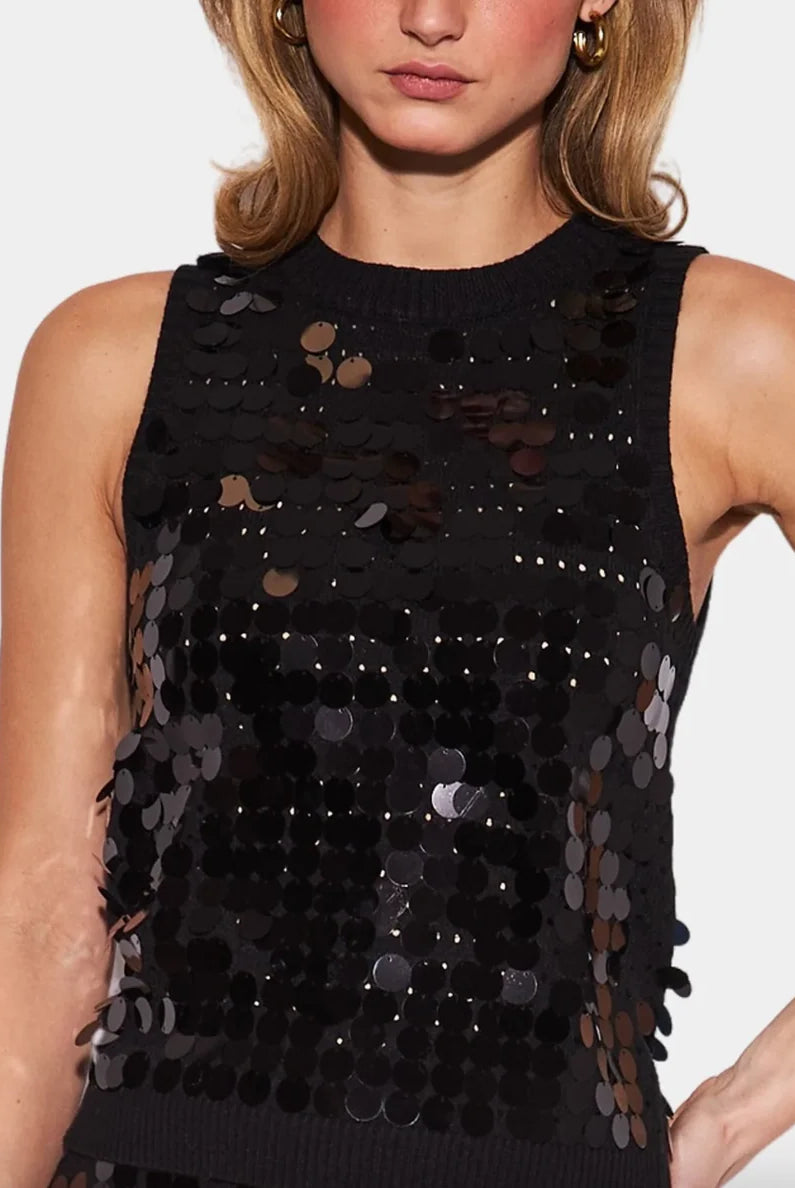 John & Jenn Cecily Top featuring a classic round neckline, sleeveless silhouette, and soft knit fabric with subtle shimmer for a chic, festive look.