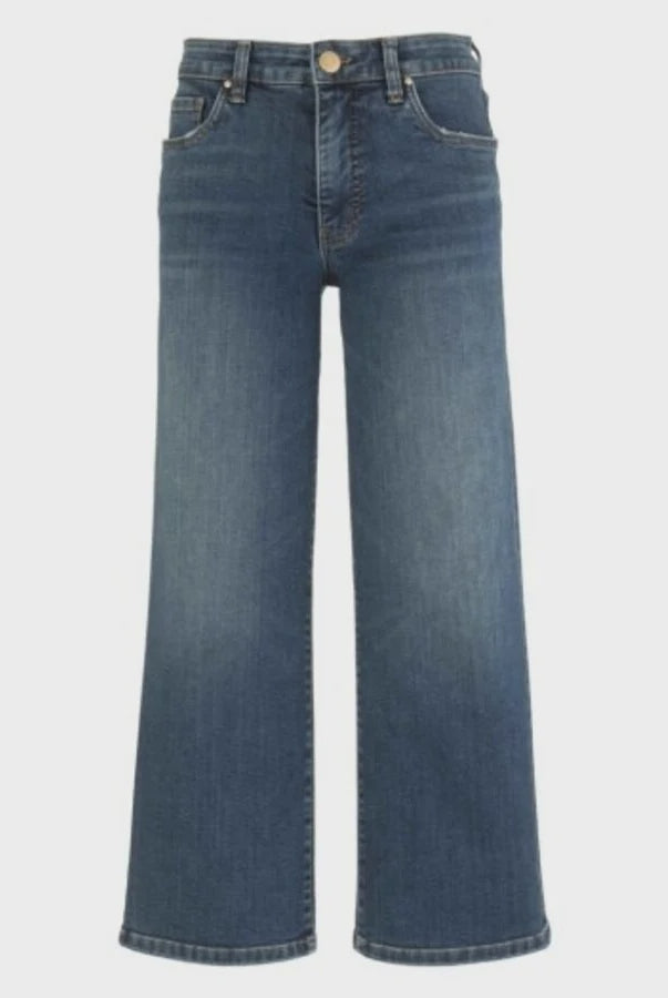 Medium wash high-rise wide-leg jeans with a clean finished hem and soft, stretchy denim. A modern everyday essential with a flattering fit and all-day comfort.