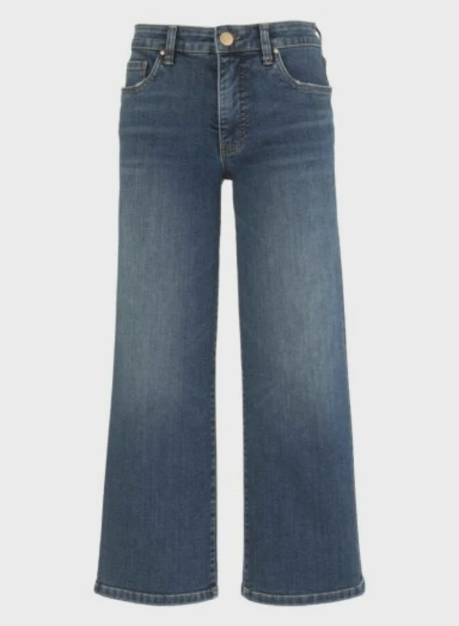 Medium wash high-rise wide-leg jeans with a clean finished hem and soft, stretchy denim. A modern everyday essential with a flattering fit and all-day comfort.
