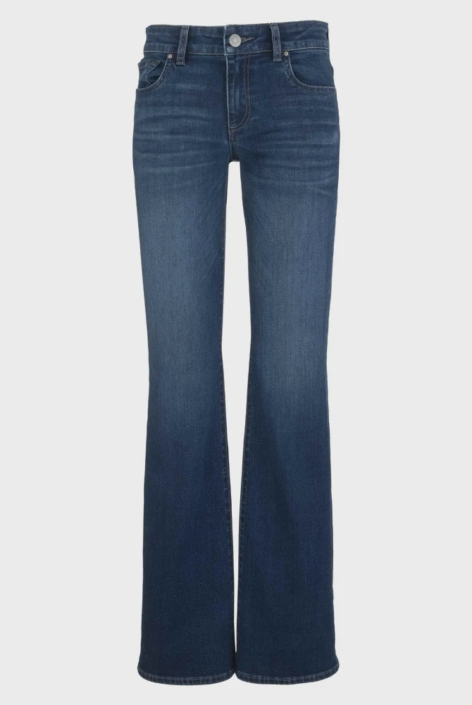 Blue wash bootcut jeans with a flattering mid-rise fit, five-pocket styling, and a subtle flared leg. Designed with comfortable stretch and smoothing front pocket technology for an effortlessly polished look.