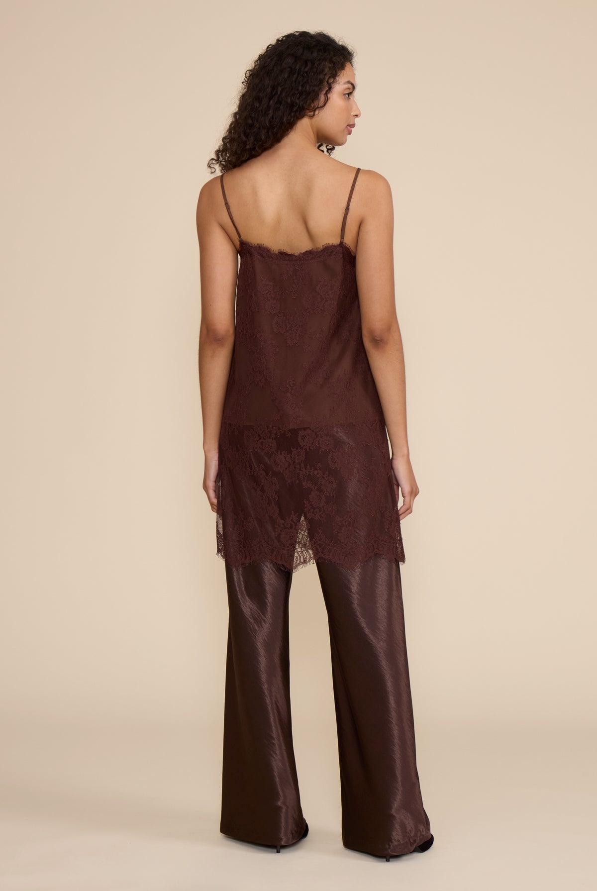 Gabrielle Lace Top in brown featuring all-over floral lace, slim spaghetti straps, a V-neckline, and relaxed silhouette.