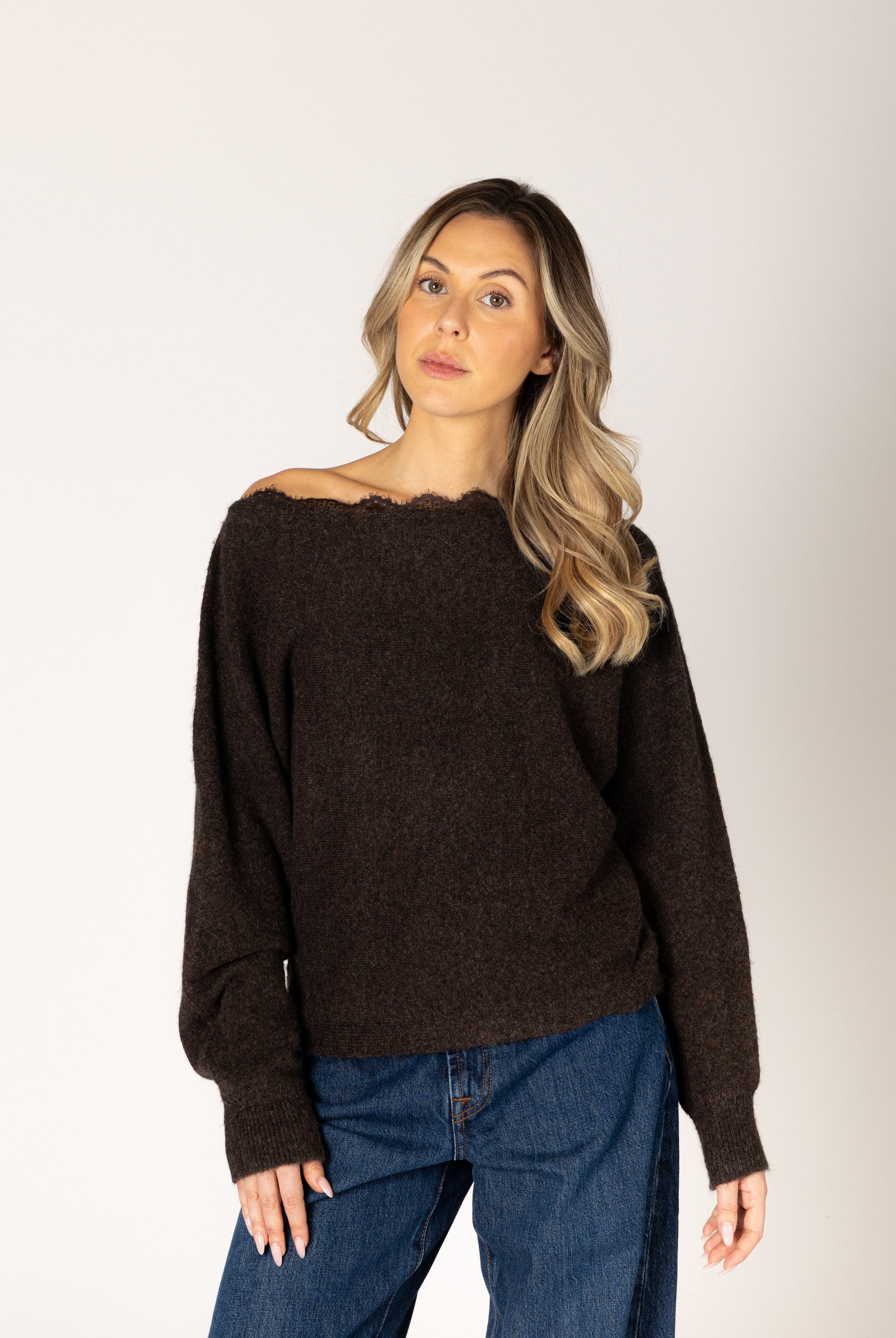 Knit lace sweater featuring an off-the-shoulder neckline, relaxed silhouette, and textured lace design in a neutral tone.