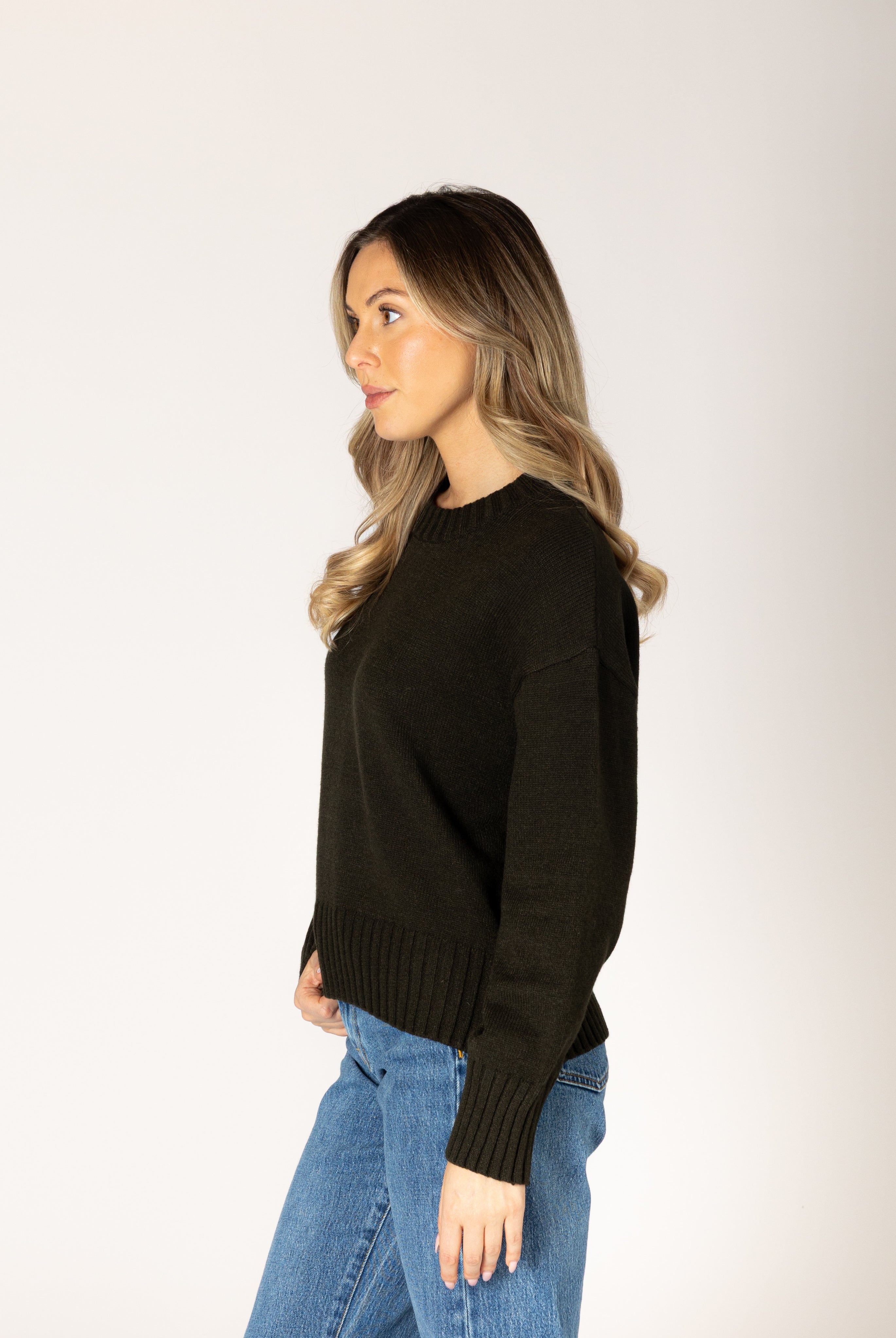 Olive crewneck sweater in a soft knit, featuring a classic silhouette and ribbed trim at the cuffs and hem.