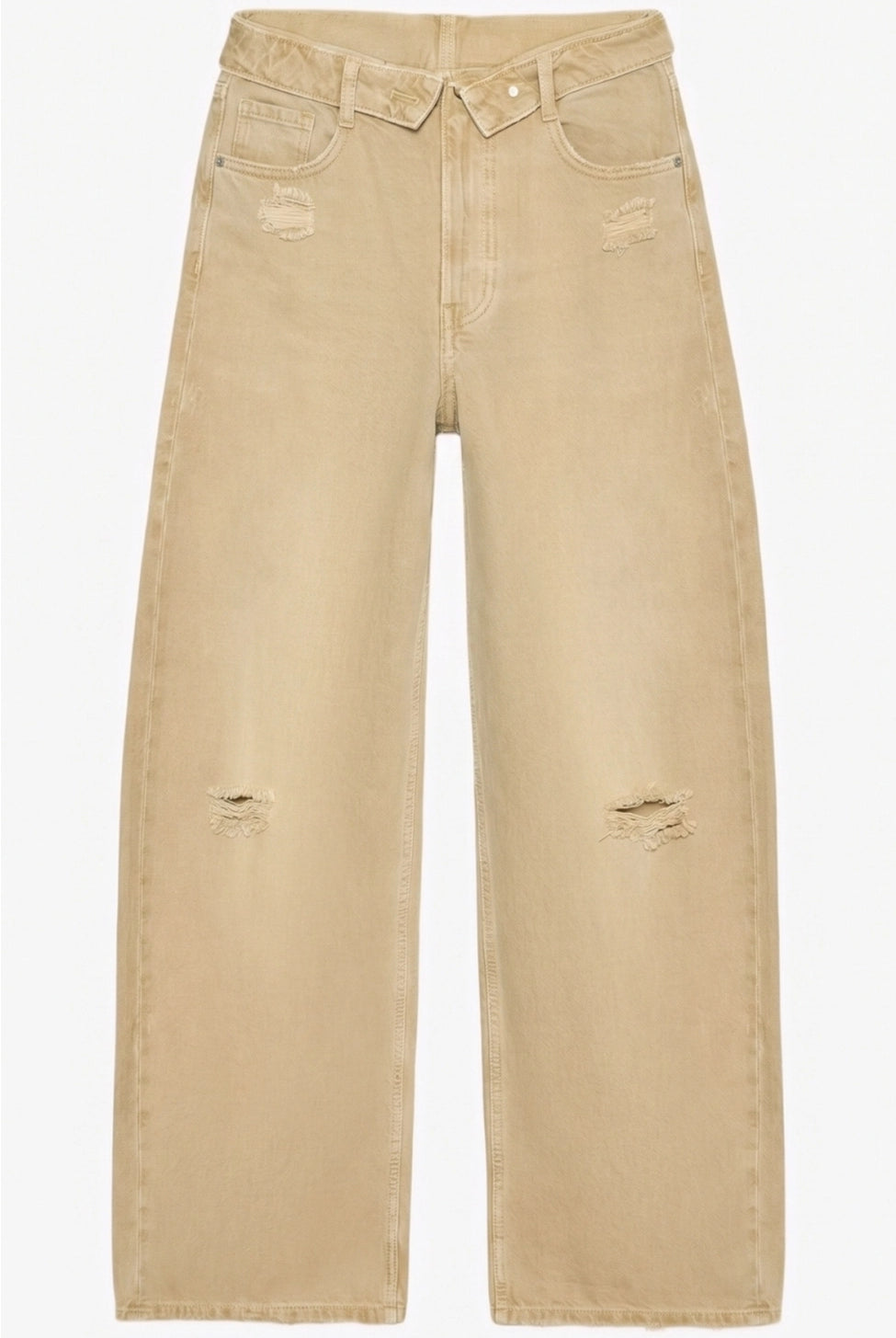 The Celine Folded-Waist Jeans in a soft sand wash, featuring a relaxed baggy wide-leg fit, folded waist detail, and subtle distressed accents.