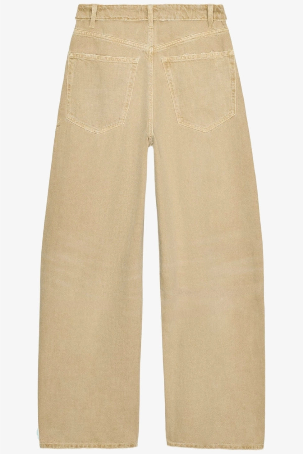 The Celine Folded-Waist Jeans in a soft sand wash, featuring a relaxed baggy wide-leg fit, folded waist detail, and subtle distressed accents.