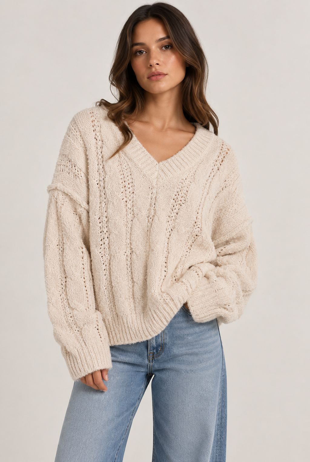 Model wearing an oversized textured cable-knit V-neck sweater in cream, featuring an open-knit design, dropped shoulders, long sleeves, and ribbed trim, styled with light-wash denim.