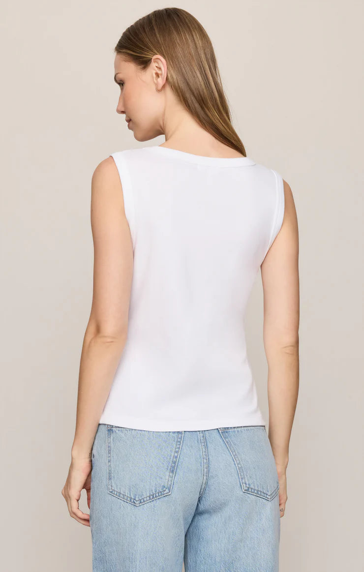 Model wearing the Z Supply Ellie V-Neck Tank, a sleeveless ribbed cotton tank featuring a flattering V-neckline, wide bra-friendly straps, and a fitted silhouette. The versatile essential is styled with casual bottoms for an effortless everyday look.
