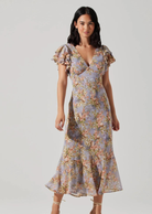 ASTR The Label Celestine Dress. V-neckline, floral print and flutter sleeves Midi length, tie neck detail, concealed back zipper