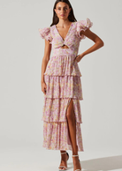 ASTR The Label Emporia Dress. Floral print, pleated finish, ruffle sleeves Center cutout, tiered midi-length skirt, side slit Concealed back zipper.