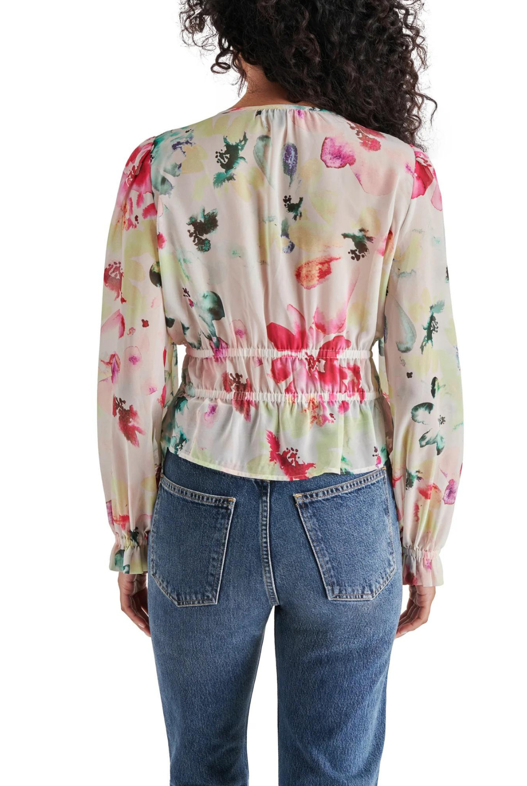 Steve Madden Ardenne Top Elastic at the waist creates gorgeous shape on this blousy woven covered in a watercolor-inspired floral print and framed by billowy long sleeves.