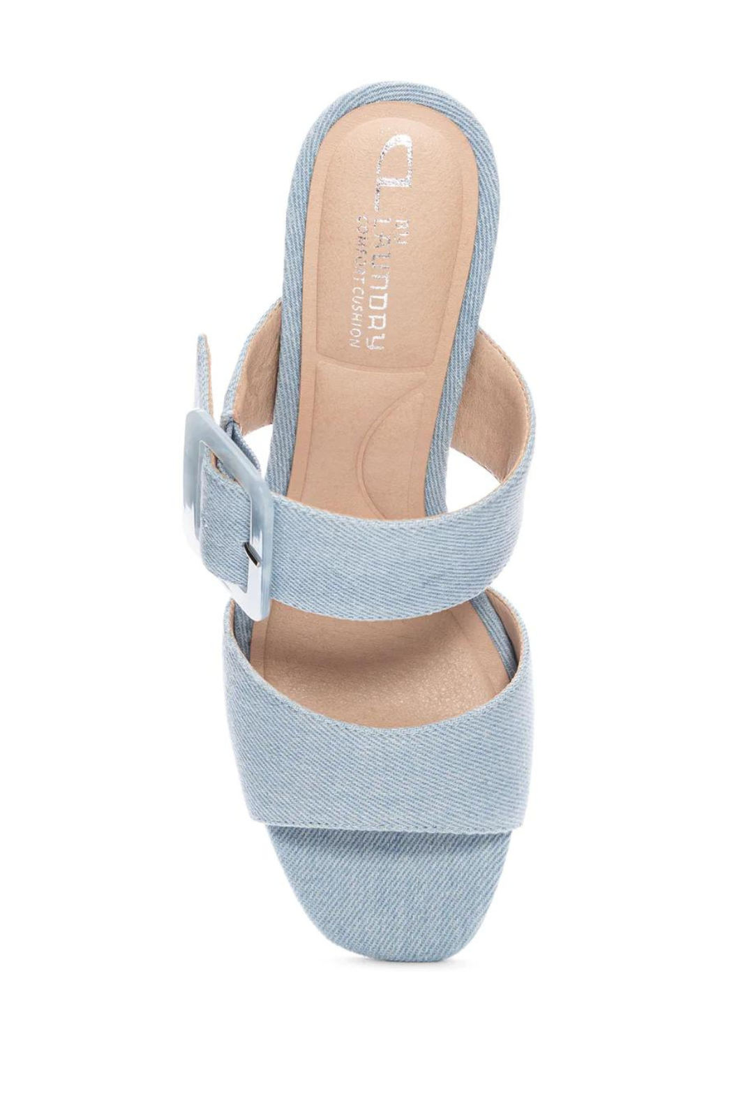 Chinese Laundry Briana Slide Sandal- Light Blue. Update warm weather looks by pairing these women's CL by Laundry Briana chambray blue sandals with your favourite jeans, skirty, dresses, and more. Crafted with textile fabric upper, these two banded resort ready sandals have a round open toe, oversized buckle detail at the instep band for a unique look, synthetic lining and padded synthetic sockliner for comfort The durable TPR outsole with stacked block heel heightens the appeal.