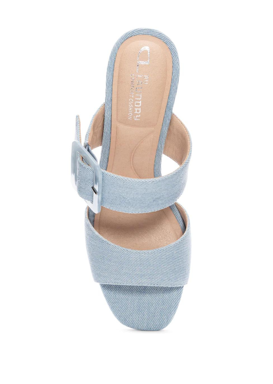 Chinese Laundry Briana Slide Sandal- Light Blue. Update warm weather looks by pairing these women's CL by Laundry Briana chambray blue sandals with your favourite jeans, skirty, dresses, and more. Crafted with textile fabric upper, these two banded resort ready sandals have a round open toe, oversized buckle detail at the instep band for a unique look, synthetic lining and padded synthetic sockliner for comfort The durable TPR outsole with stacked block heel heightens the appeal.