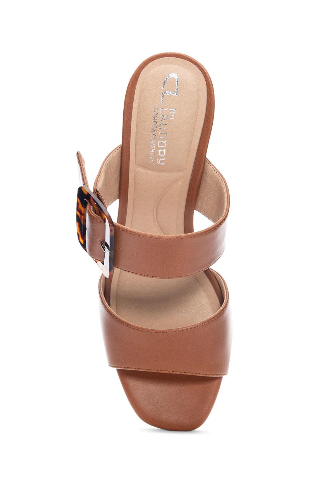 Chinese Laundry  Briana Slide Sandal- Tan. Update warm weather looks by pairing these women's CL by Laundry Briana tan (brown) sandals with your favourite jeans, skirts, dresses, and more. Crafted with synthetic upper, these two banded sandals have a round open toe, oversized buckle detail at the instep band for a unique look, synthetic lining and padded synthetic sockliner for comfort The durable TPR outsole with stacked block heel heightens the appeal.