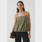 Light olive bubble cami tank featuring a square neckline, adjustable spaghetti straps, a relaxed flowy silhouette, and a gathered bubble hem