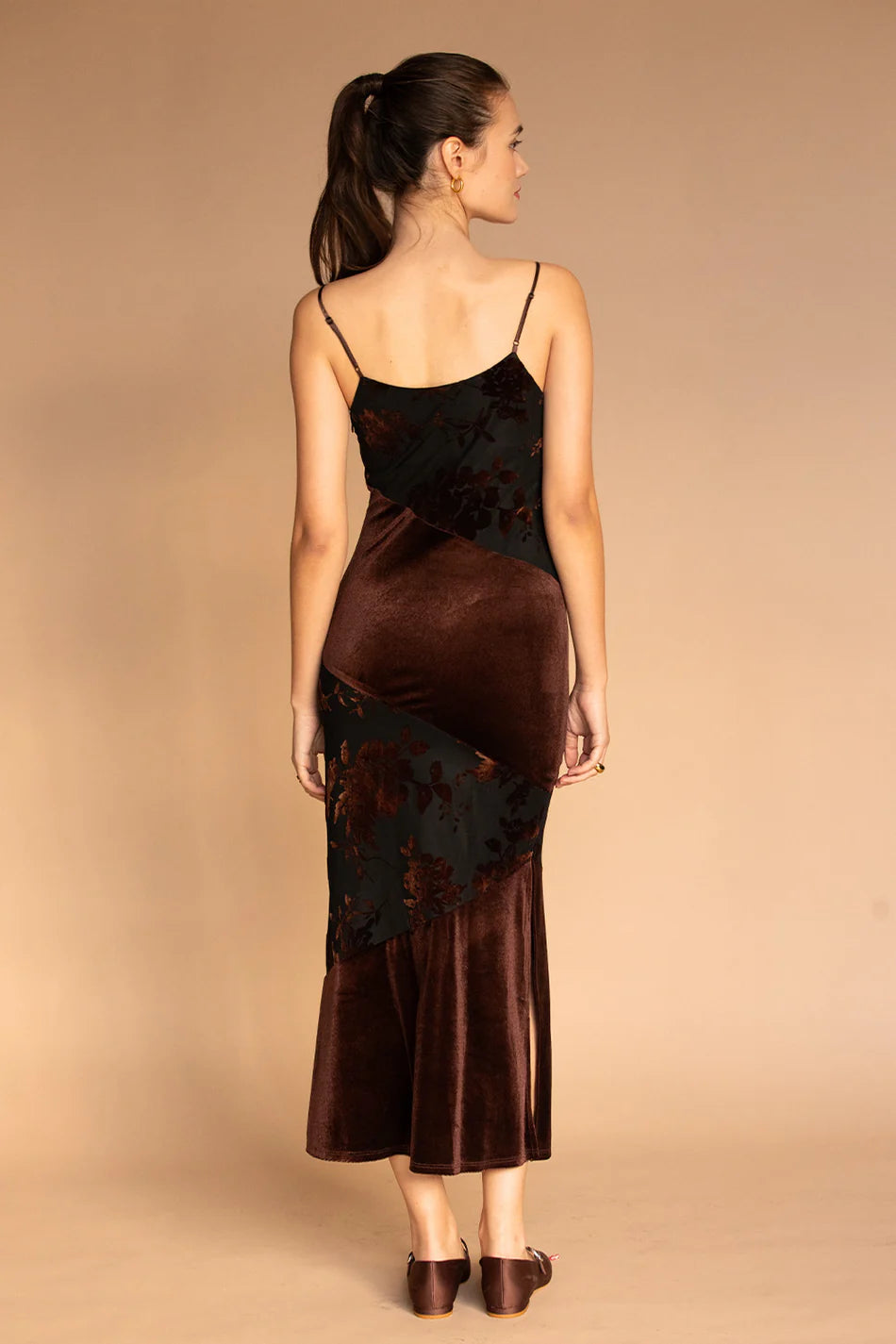 Seamed velour dark chocolate brown vneck dress