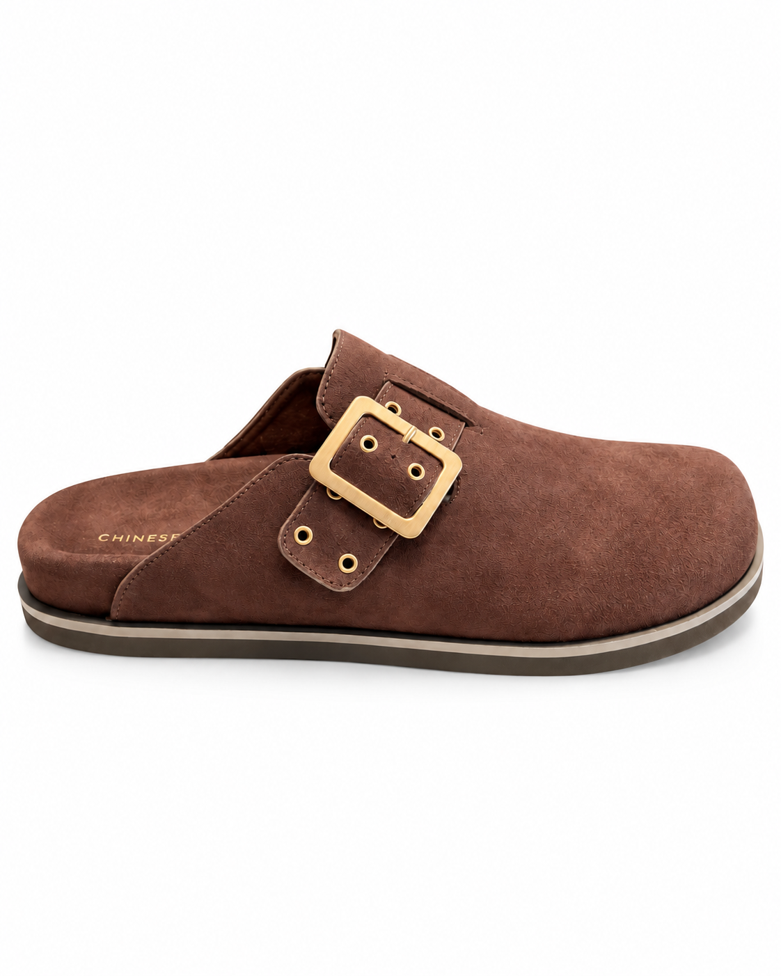 Chinese Laundry Cove Suede Clogs in Chocolate, featuring a rich brown faux-suede upper, gold-tone buckle with a rounded closed toe, open-back slip-on design, and contrasting dark sole.