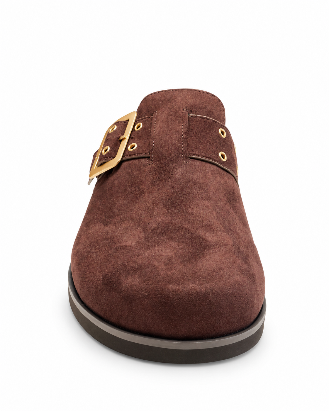 Chinese Laundry Cove Suede Clogs in Chocolate, featuring a rich brown faux-suede upper, gold-tone buckle with a rounded closed toe, open-back slip-on design, and contrasting dark sole.