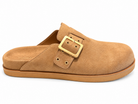 Chinese Laundry Cove Suede Clogs in Natural, featuring a natural faux-suede upper, gold-tone buckle with a rounded closed toe, open-back slip-on design, and contrasting sole.
