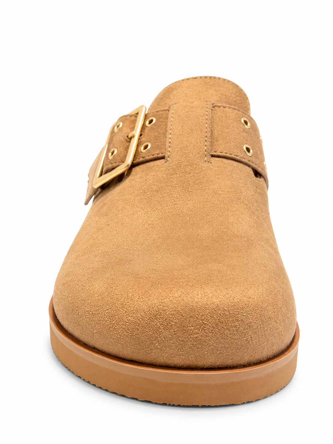 Chinese Laundry Cove Suede Clogs in Natural, featuring a natural faux-suede upper, gold-tone buckle with a rounded closed toe, open-back slip-on design, and contrasting sole.