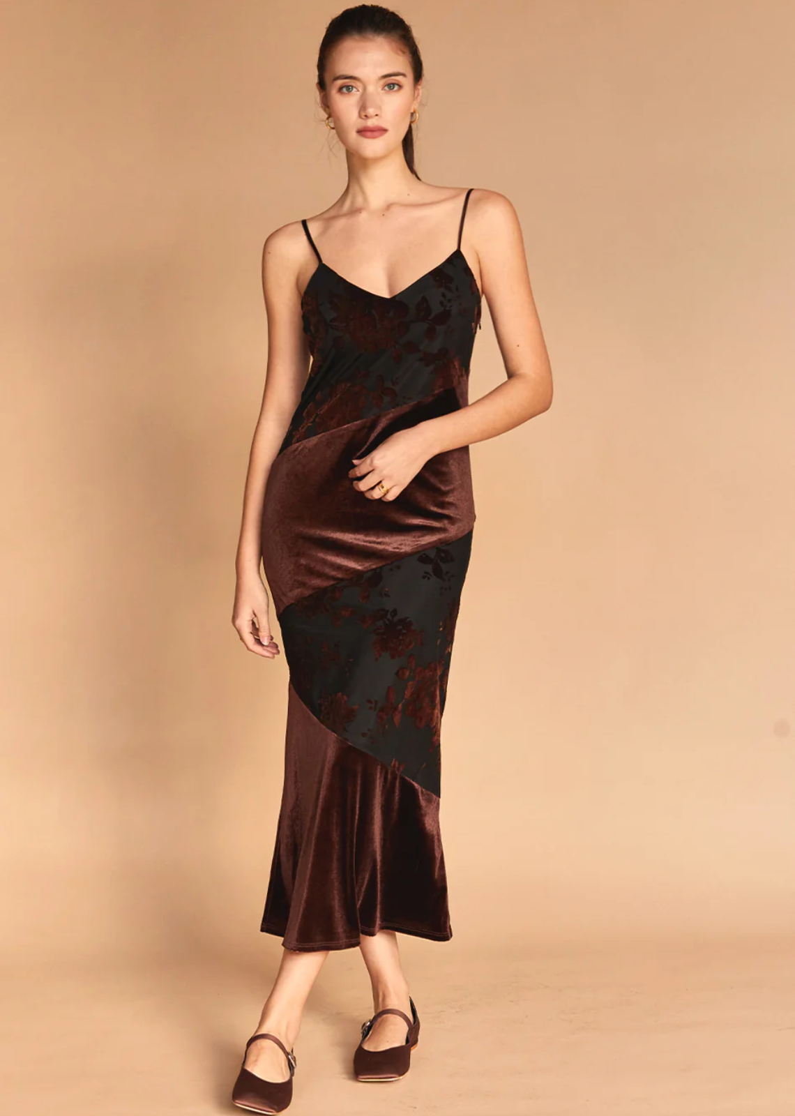 Spaghetti strap brown velvet dress holiday event outfit