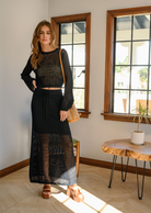  Miou Muse Crochet Maxi Skirt. Knitted maxi skirt perfect for spring/summer weather, mid-rise waist band with elastic stretch with front tie. Skirt has lining underneath.