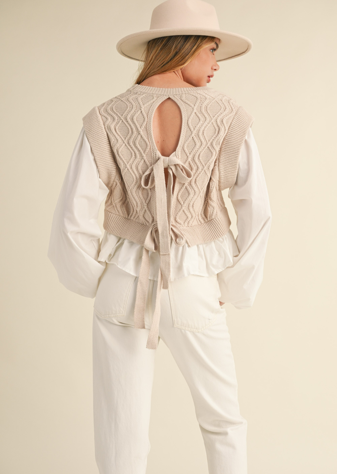 open back bow layered top white and taupe outfit