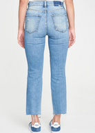 Daze- Shy Girl Crop Flare-PDA Need a Hug? This cropped flare is made using our "Hug" denim. It is a slightly heavier fabric with a stretch that hugs your body, while smoothly cinching you in. In a medium wash with vintage fading, this is a core jean for your closet
