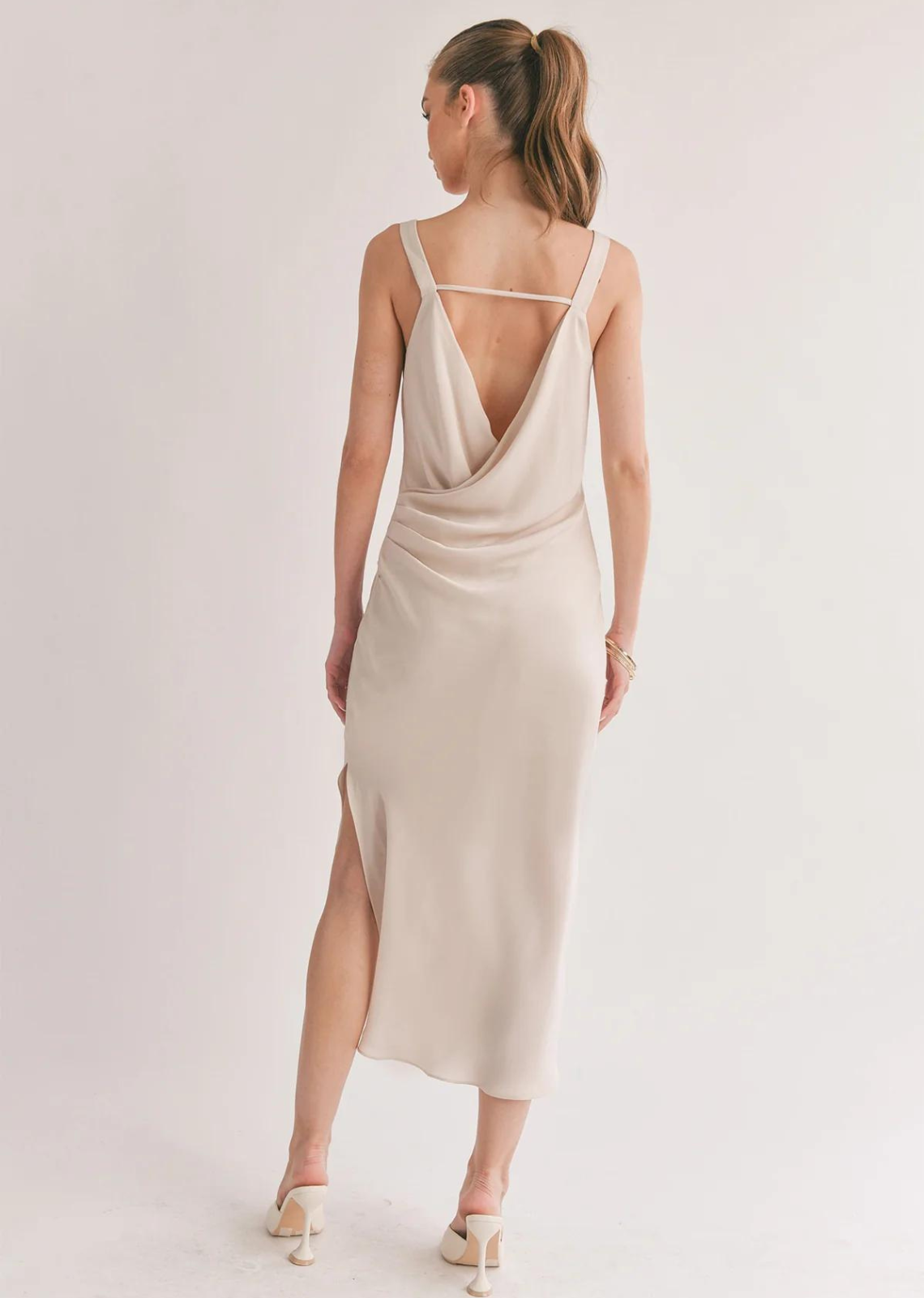 Sage The Label Dream Skies Low Back Cowl Midi Dress. Midi Dress Cowl Neck Low Back SELF: 100% Polyester LINING: 92% Polyester 8% Spandex Style # LG1332
