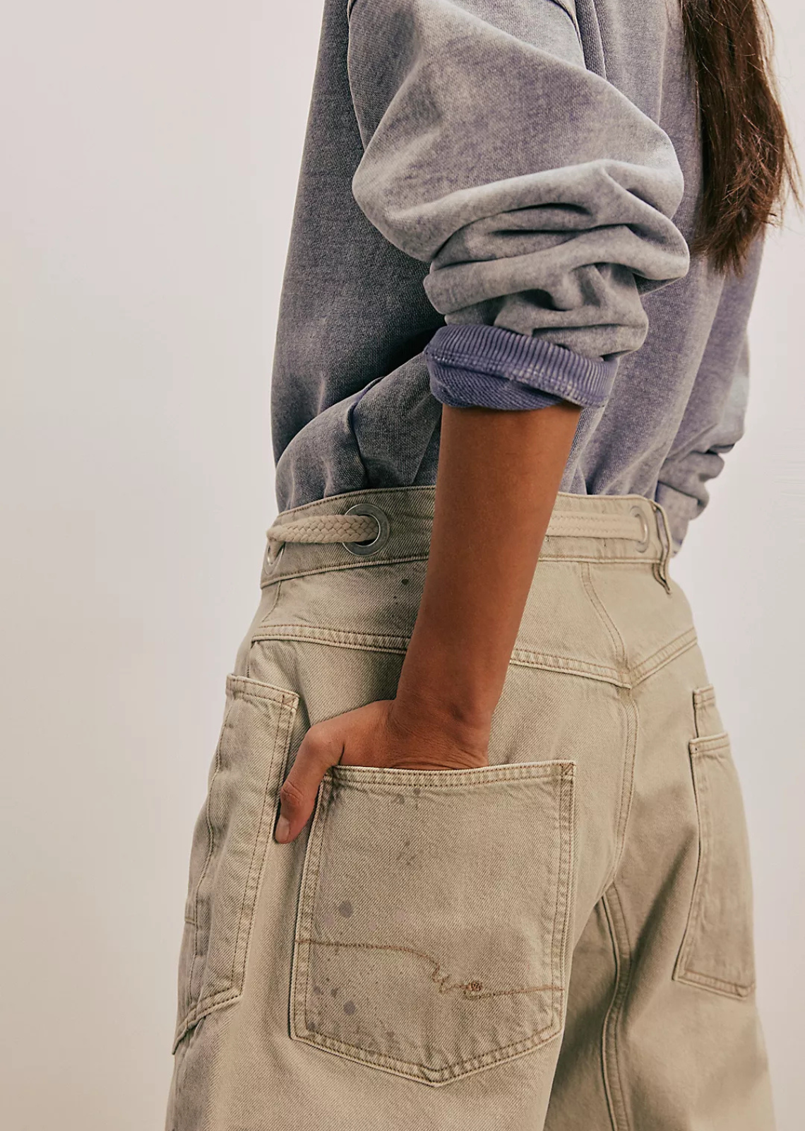 Washed Beige Grey Paint Splatter Jean Bohemian Casual Fashion