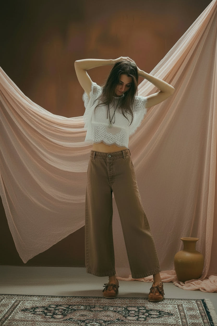 Woman in a white lace top and brown wide-leg pants standing against a brown wall with a white curtain.