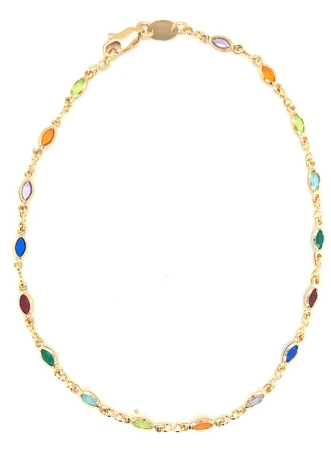 Ella & Lett Gemstone Anklet. Our Gold Filled Finished Products are tarnish resistant. They are of superior quality, composed of a solid layer of 18KT Gold that is bonded to a base metal. Gold Filled does not de-laminate, peel, or tarnish as readily as other materials.