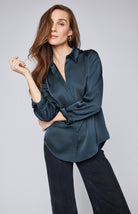 Navy Green Silk Blouse Fall 2024 inspiration Lee & Me Boutique Hamilton Burlington Ontario Small Business