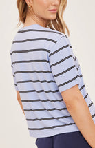 Women's relaxed oversized crewneck t-shirt featuring sky blue and white stripes, crafted from soft jersey knit with short sleeves and a comfortable oversized silhouette.
