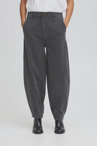 Person wearing dark gray pants on a white background