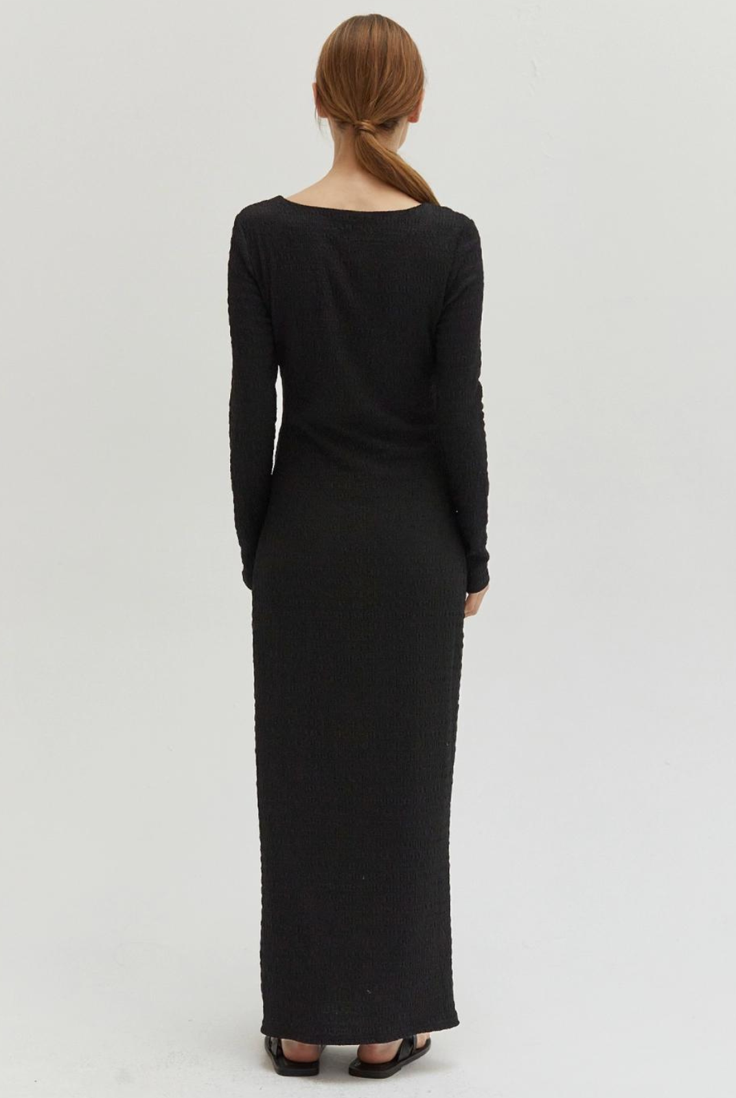 Irene Square Neck Textured Maxi Dress. A square neck maxi dress with an open side slit.
