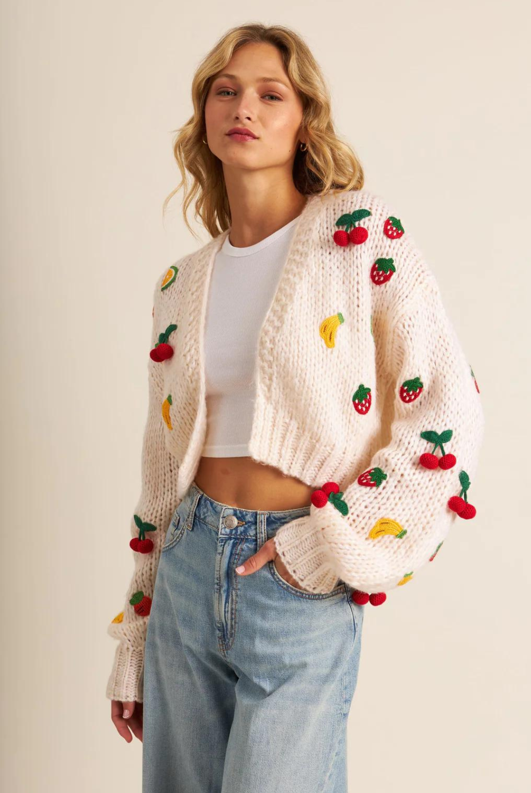 John & Jenn Rio Cardigan- Sunday Market. We don't like to pick favourites, but this open cardigan feels so special and really might be our absolute fav of the season. Stand out with this fruity cutie all season long!