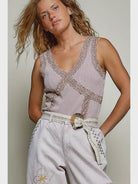 Lila Lace Thermal Cami in cocoa mauve featuring a slim-fit silhouette, sleeveless design, V-neckline with delicate lace trim, and vintage-washed thermal fabric.