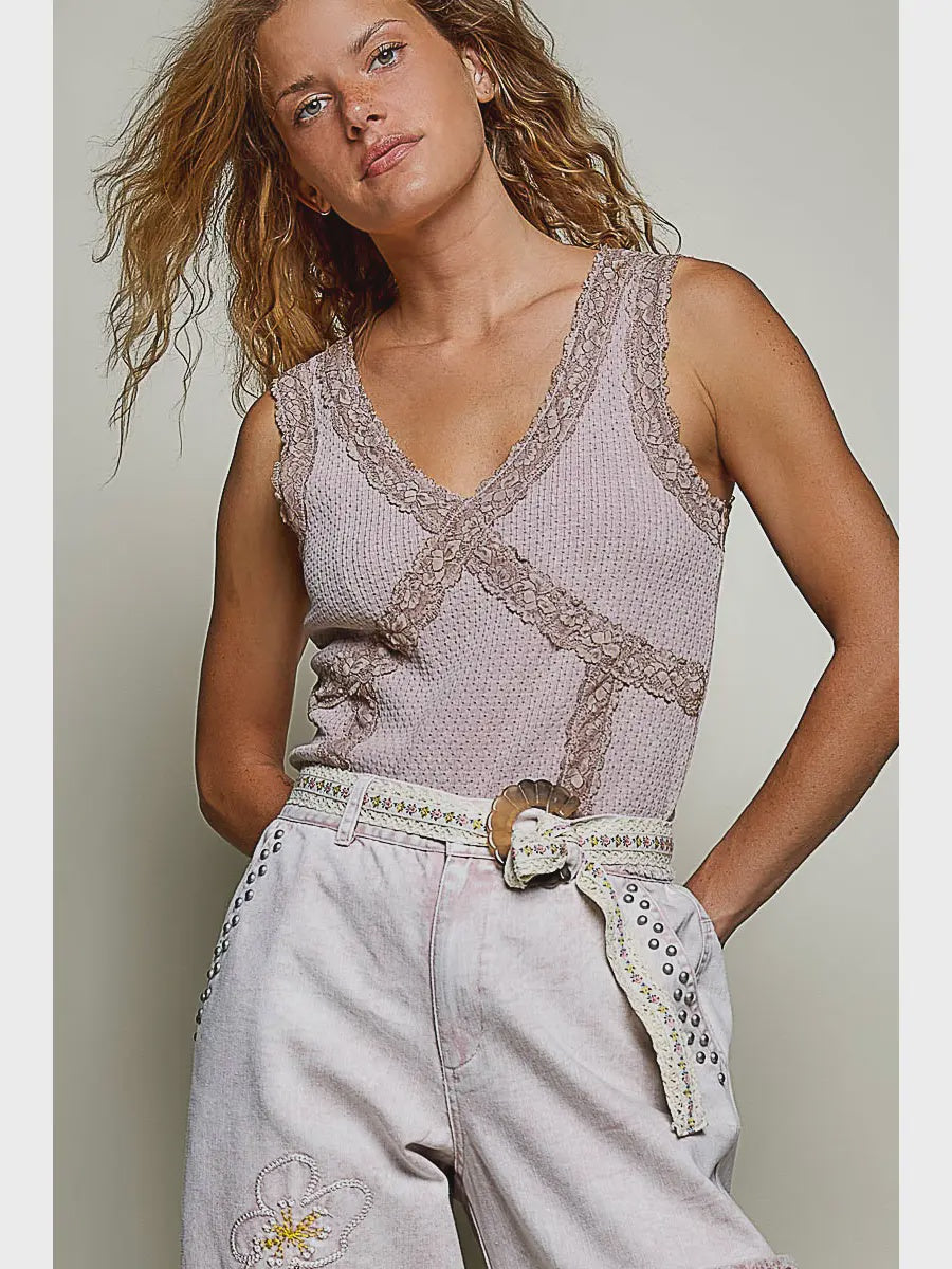 Lila Lace Thermal Cami in cocoa mauve featuring a slim-fit silhouette, sleeveless design, V-neckline with delicate lace trim, and vintage-washed thermal fabric.
