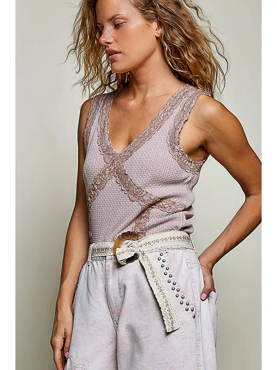Lila Lace Thermal Cami in cocoa mauve featuring a slim-fit silhouette, sleeveless design, V-neckline with delicate lace trim, and vintage-washed thermal fabric.