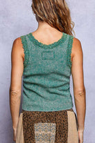 Lila Lace Thermal Cami in Pine Green featuring a slim-fit silhouette, sleeveless design, V-neckline with delicate lace trim, and vintage-washed thermal fabric.