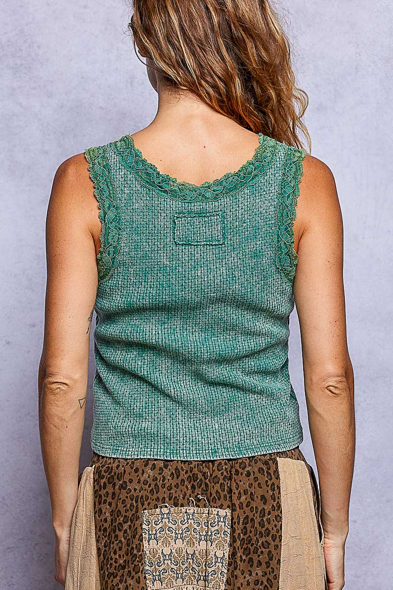 Lila Lace Thermal Cami in Pine Green featuring a slim-fit silhouette, sleeveless design, V-neckline with delicate lace trim, and vintage-washed thermal fabric.