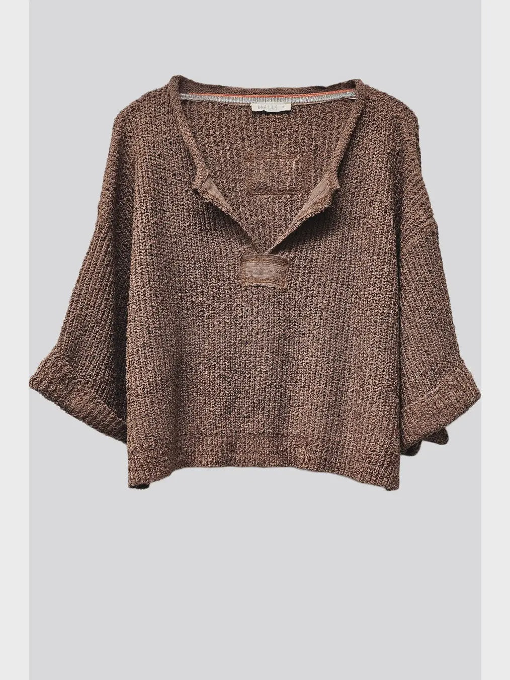 Women's slouchy cropped V-neck sweater in cocoa brown with 3/4 sleeves, a relaxed fit, and front and back patch detailing