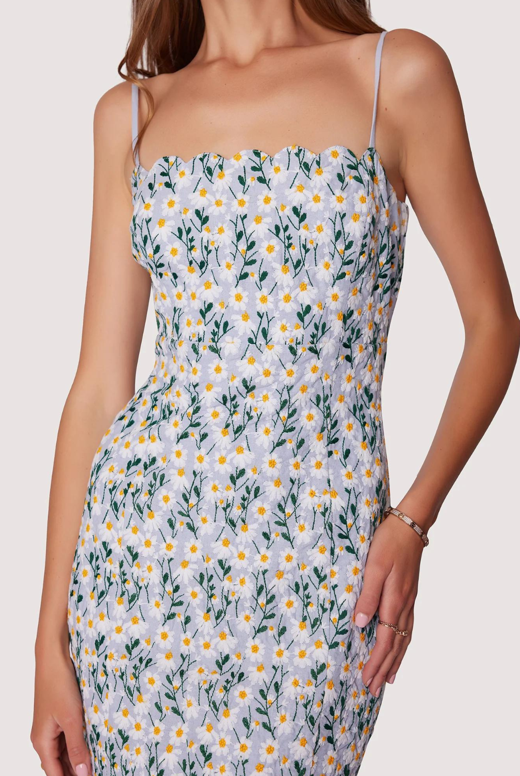 Lost + Wander Breath Of Youth Scallop Pencil Dress. Experience timeless elegance with the Breath Of Youth Scallop Pencil Dress. Its special floral embroidered fabrication adds a touch of sophistication, while the classic pencil skirt silhouette flatters your figure. Perfect for any spring event, this dress will make you feel confident and stylish.