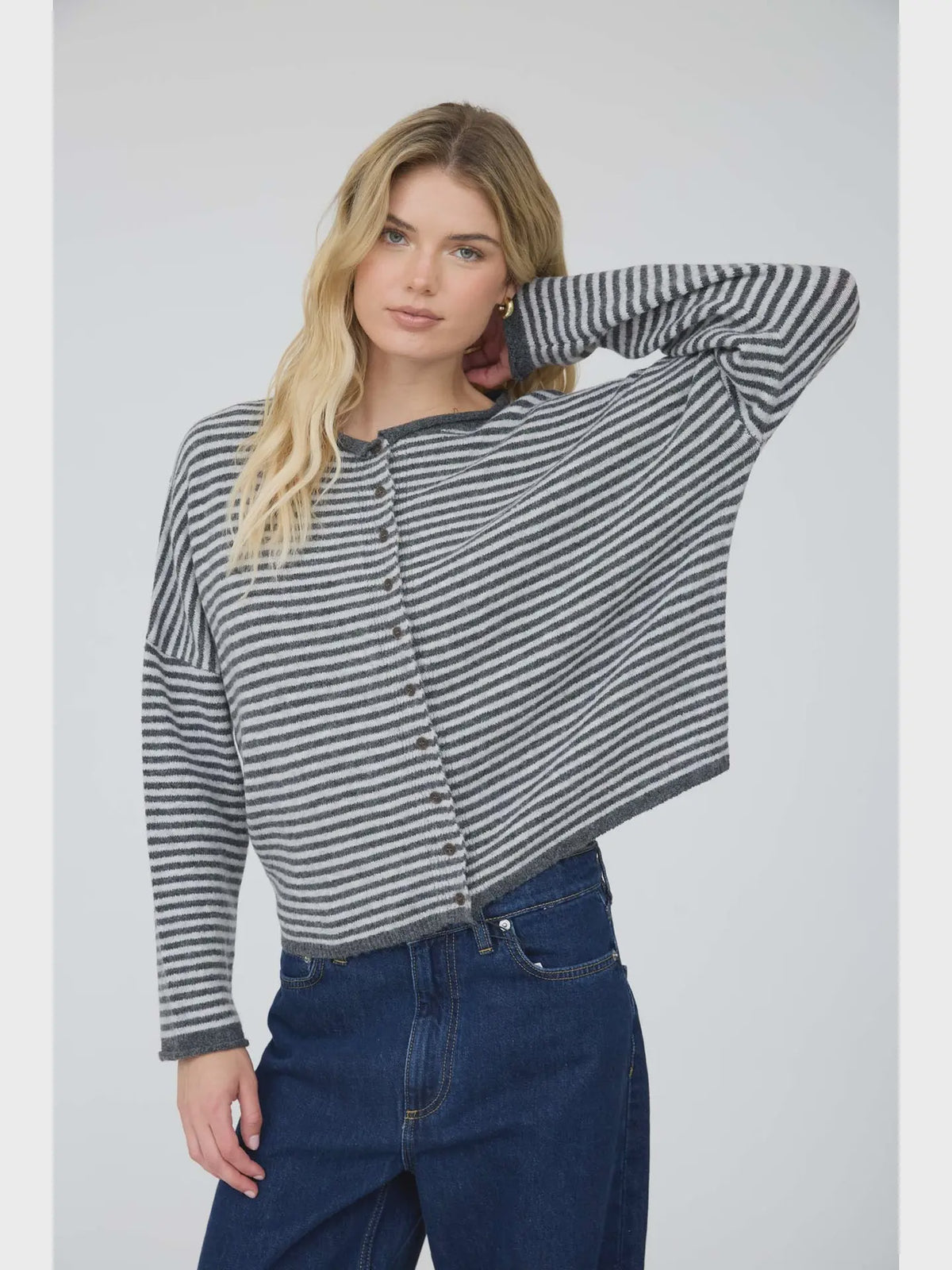 Charcoal Lottie Striped Knit Cardigan featuring a relaxed, slightly cropped fit, round neckline, long sleeves, button-front closure, and classic horizontal stripe pattern.